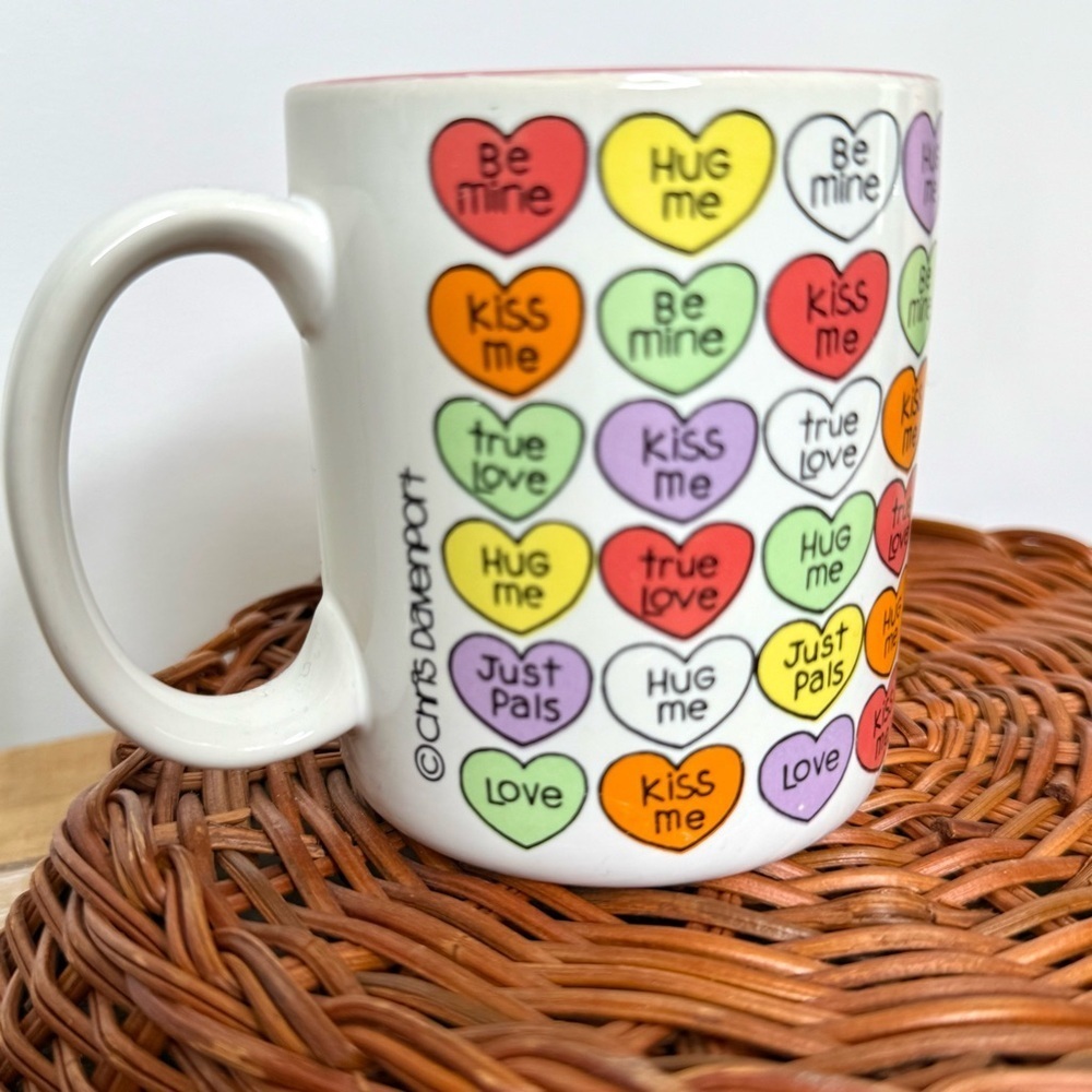 Vintage 1986 Chris Davenport Enesco Conversation Hearts Coffee Mug Pink Interior - Picture 13 of 16